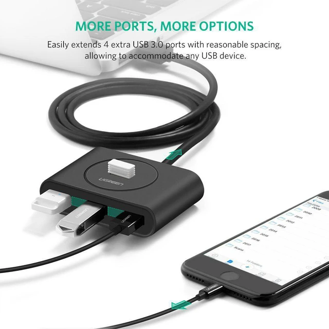 Alt view image 2 of 7 - UGREEN USB 3.0 Hub 4 Port USB 3 Data Hub Portable Super Speed for MacBook Air, Mac Mini, iMac Pro, Microsoft Surface, Ultrabooks with 3 FT Extension Cable USB Hub (Black)
