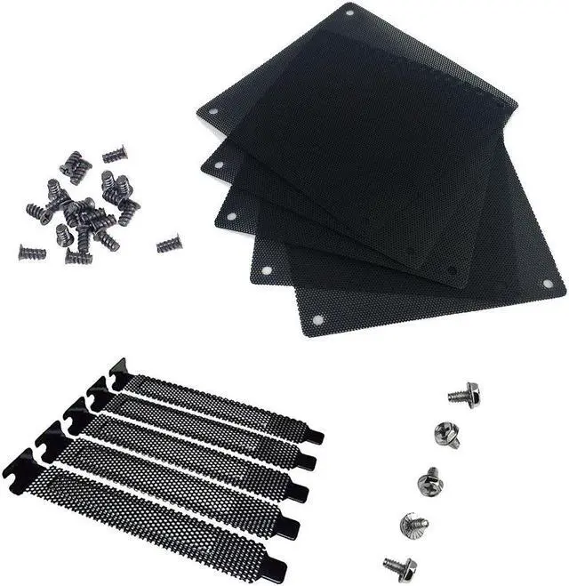 Main image of Nincha 12mm PVC Computer PC Cooler Fan Filter Black Dustproof Case Cover Computer Mesh pack of 5 + Black Hard Steel Dust Filter Blanking Plate PCI Slot Cover 5 Pcs With Screws.
