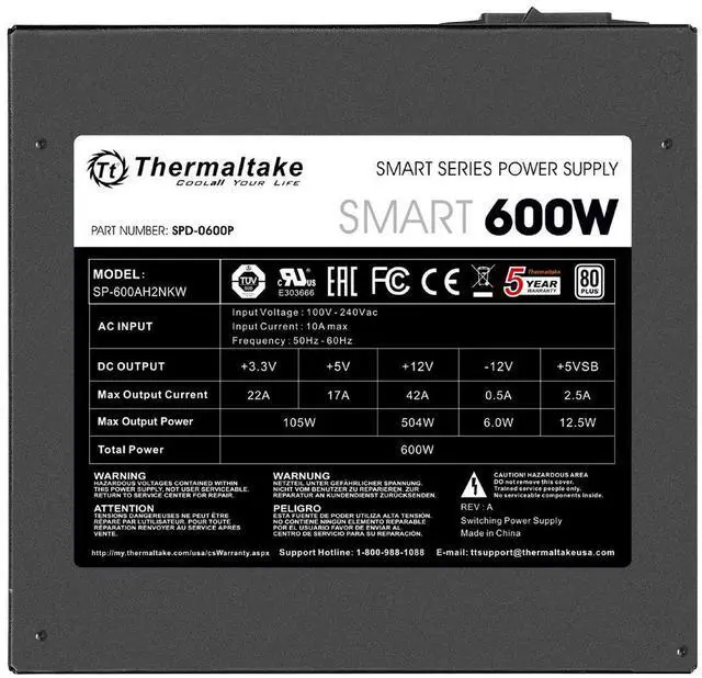 Alt view image 4 of 7 - Thermaltake SMART 600W ATX 12V V2.3/EPS 12V 80 PLUS Certified Active PFC Power Supply PS-SPD-0600NPCWUS-W