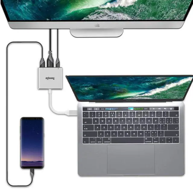 Alt view image 7 of 7 - USB C to HDMI Multiport Adapter Tuwejia USB 3.1 Gen 1 Thumderbolt 3 to HDMI 4K Video Converter/USB 3.0 hub Port PD Quick Charging Port with Large Projection for 2015/16/17/18 MacBook/MacBook Pro/Chr