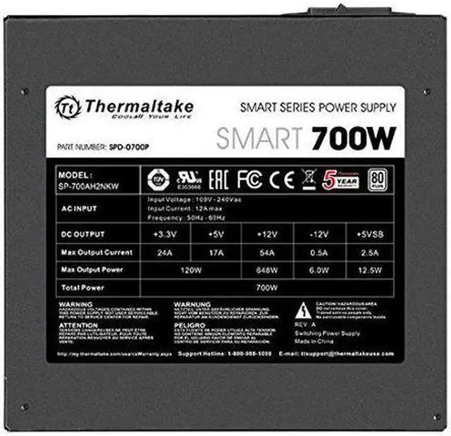 Alt view image 4 of 7 - Thermaltake Smart 700W 80+ White Certified PSU, Continuous Power with 120mm Ultra Quiet Fan, ATX 12V V2.3/EPS 12V Active PFC Power Supply PS-SPD-0700NPCWUS-W