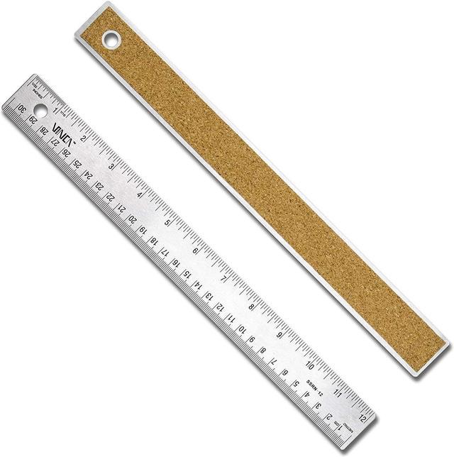 VINCA SSRN-12 Stainless Steel Office Drawing Ruler 0-12 Inch 0-30cm with  Non Slip Cork Base Measuring Tool