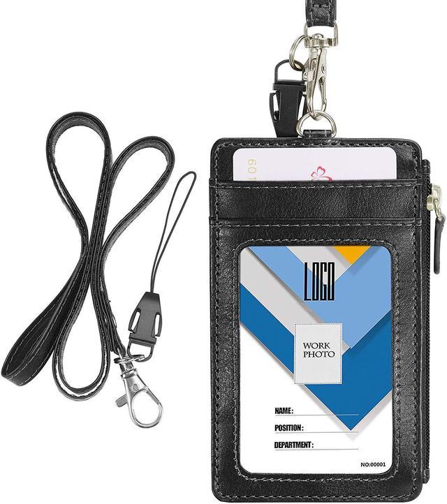 Leather ID Badge Card Holder Wallet with 5 Card Slots, Zipper and