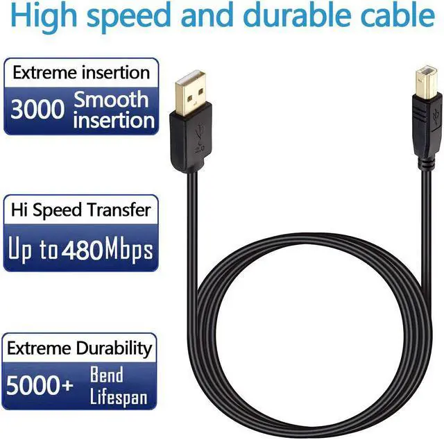 Alt view image 4 of 6 - Printer Cable 5 feet NC XQIN Gold-Plated USB Printer Cable Cord Type A-Male to B-Male Printer USB Cable for Printer/Scanner