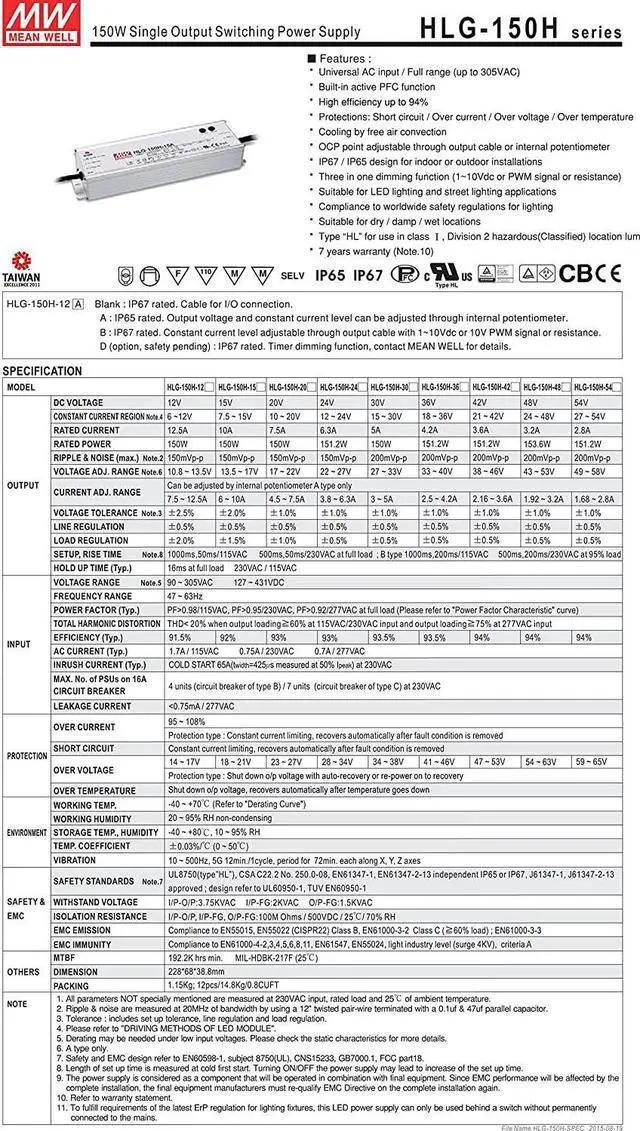 Alt view image 2 of 7 - MW Mean Well HLG-150H-42A 42V 3.6A 150W Single Output LED Switching Power Supply