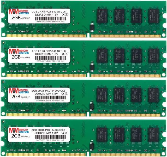 Main image of MemoryMasters 8GB Kit (4x2GB) DDR2 800MHz PC2-6400 PC2-6400U Non ECC Unbuffered 1.8V CL6 2RX8 Dual Rank 240 Pin UDIMM Desktop Memory Ram Module