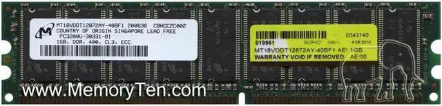 Main image of 1GB PC3200 DDR400 2Rx8 Dual Rank Unbuffered ECC 184-pin UDIMM (p/n AEI) by Gigaram