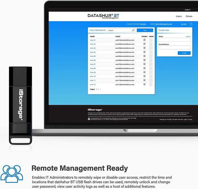 Alt view image 7 of 15 - iStorage datAshur BT USB 3.2 Encrypted Secure Flash Drive 64GB - Unlock wirelessly via your smartphone using Bluetooth (iOS/Android) - Remote Management Ready (IS-FL-DBT-256-64)