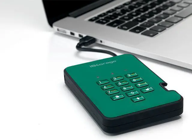 Alt view image 3 of 12 - iStorage diskAshur2 HDD 1TB Green - Secure portable hard drive - Password protected, dust and water resistant, portable, military grade hardware encryption USB 3.1 IS-DA2-256-1000-GN