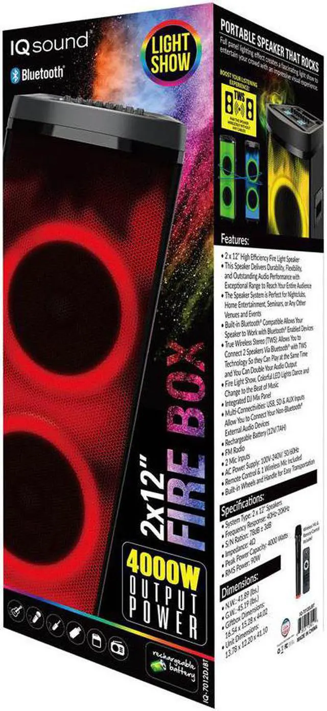 Alt view image 3 of 12 - Super Sonic IQ-7012DJBT Bluetooth 2 x 12” True Wireless Rechargeable Speaker 90 Watts with FIRE Light Show, FM, Mic