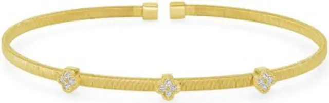 Main image of Solid 925 Sterling Silver Ridged Cubic Zirconia CZ Flower Cuff Bracelet Gold plated