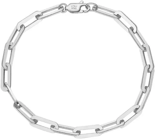 Main image of Solid 925 Sterling Silver Paper Clip Bracelet, 3mm Width 7 Inch Paperclip Chain Italy