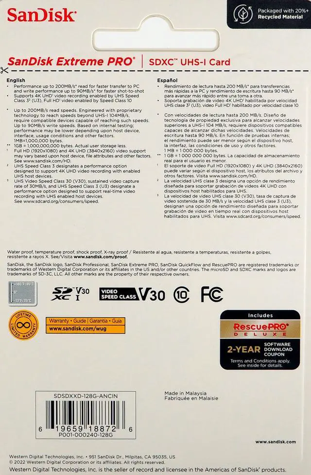 Alt view image 6 of 11 - SanDisk Extreme PRO 128 GB Class 3/UHS-I U3 V30 SDXC SDSDXXD128GANCIN