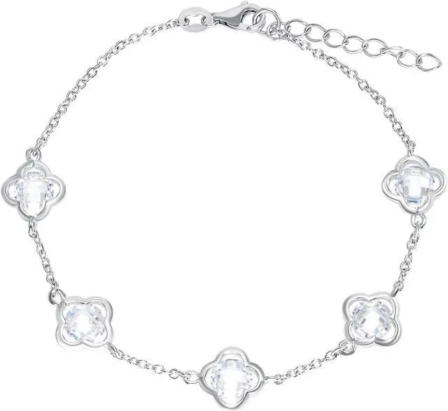 Main image of Solid Silver 925 Rhodium Plated 6 mm. Round Clear Cubic Zirconia Flower Bracelet Adjustable Lock