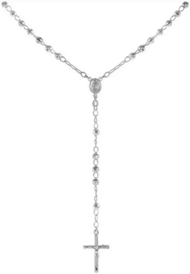 Alt view image 3 of 6 - 925 Sterling Silver Diamond Cut Italian 5mm Rosary Beads Chain with Cross Necklace 26" Rosario
