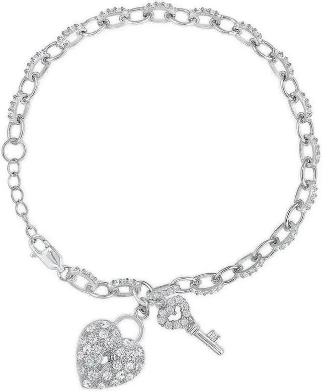 Main image of Solid 925 Sterling Silver Heart & Key Charm Bracelet Cubic Zirconia Rhodium Plated 7 Inch