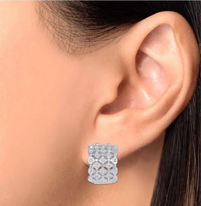 Alt view image 2 of 5 - 925 Sterling Silver Huggie Hoops Earrings with 4 row Cubic Zirconia ( CZ) Rhodium Plated EH005-10MM
