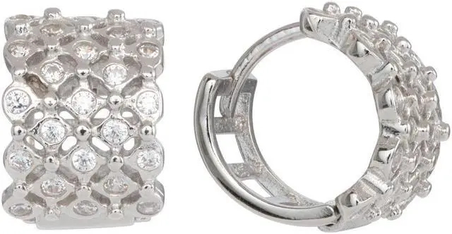 Alt view image 3 of 5 - 925 Sterling Silver Huggie Hoops Earrings with 4 row Cubic Zirconia ( CZ) Rhodium Plated EH005-10MM
