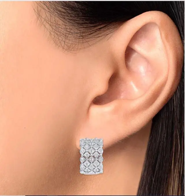 Alt view image 2 of 7 - 925 Sterling Silver Huggie Hoops Earrings with 4 row Cubic Zirconia ( CZ) Rhodium Plated EH005-12MM
