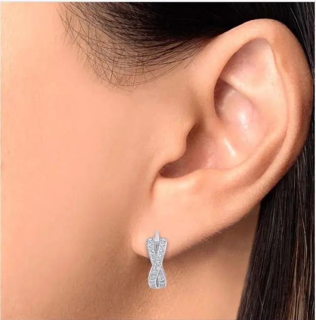 Alt view image 2 of 4 - 925 Sterling Silver X Style Huggie Hoops Earrings Cubic Zirconia (CZ) Rhodium Plated  BS12-13EZ