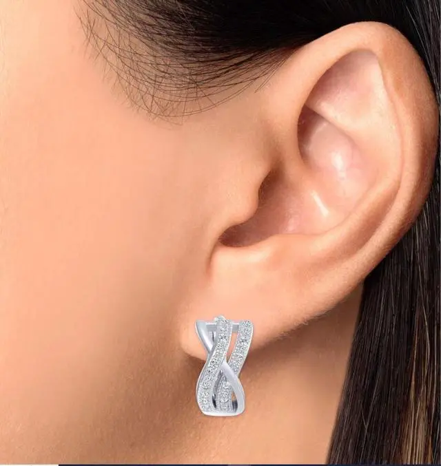 Alt view image 2 of 7 - 925 Sterling Silver Double X Style Huggie Hoops Earrings Cubic Zirconia (CZ) Rhodium Plated BS12-73ZZ