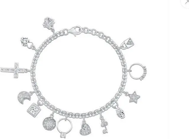 Main image of Solid 925 Sterling Silver Cubic Zirconia CZ Charm Bracelet Dangling Star, Heart, Key & Lock Rhodium Plated