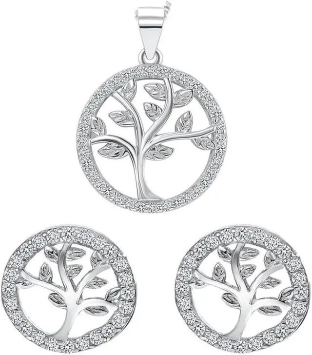 Main image of 925 Sterling Silver Tree of Life Pendant Necklace and Earring Set Rhodium Plated, Italy, All Ages