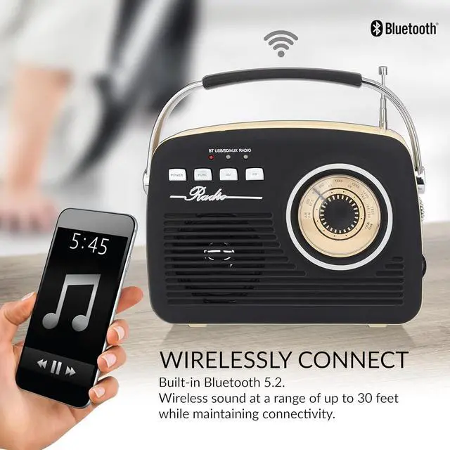 Alt view image 5 of 7 - Supersonic SC-1201BT Retro Portable Bluetooth Speaker with Vintage Vibes, AM/FM Radio Black
