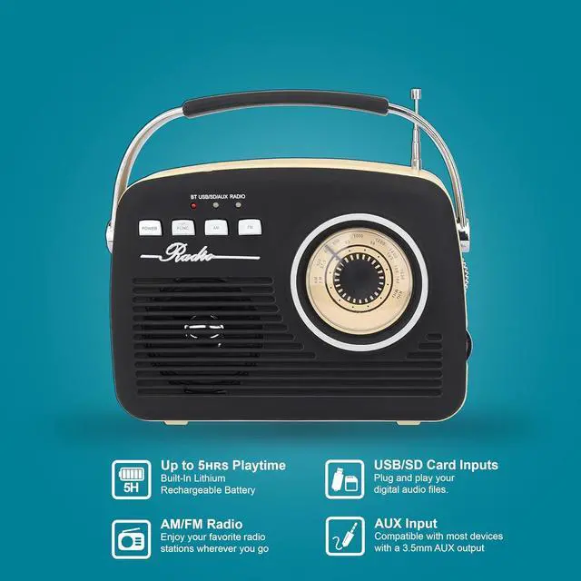 Alt view image 6 of 7 - Supersonic SC-1201BT Retro Portable Bluetooth Speaker with Vintage Vibes, AM/FM Radio Black