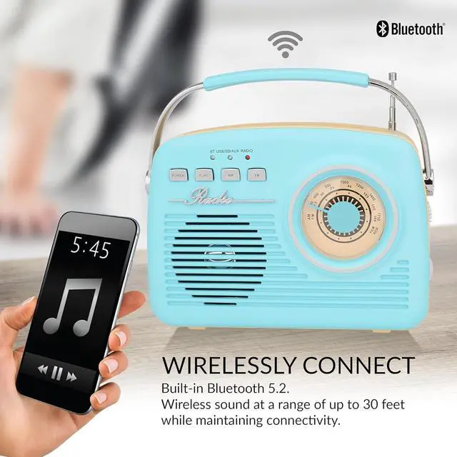 Alt view image 5 of 10 - Supersonic SC-1201BT Retro Portable Bluetooth Speaker with Vintage Vibes, AM/FM Radio Blue