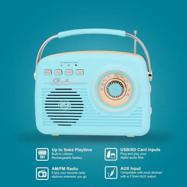 Alt view image 6 of 10 - Supersonic SC-1201BT Retro Portable Bluetooth Speaker with Vintage Vibes, AM/FM Radio Blue