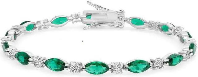 Alt view image 3 of 4 - Solid 925 Sterling Silver 7 Green Marquise Cubic Zirconia Tennis Bracelet Rhodium Plated for Women, Italy