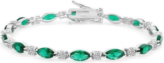 Main image of Solid 925 Sterling Silver 7 Green Marquise Cubic Zirconia Tennis Bracelet Rhodium Plated for Women, Italy