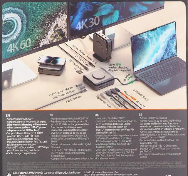 Alt view image 5 of 6 - j5create USB-C Dual 4K HDMI Docking Station with 15W Wireless Charging JCD3199 Space Grey