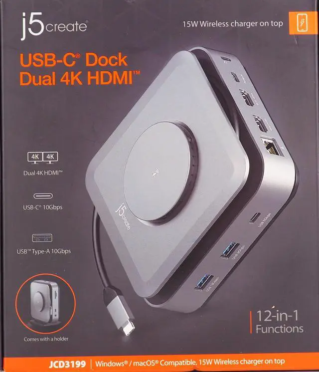 Alt view image 2 of 6 - j5create USB-C Dual 4K HDMI Docking Station with 15W Wireless Charging JCD3199 Space Grey