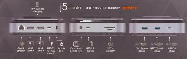 Alt view image 4 of 6 - j5create USB-C Dual 4K HDMI Docking Station with 15W Wireless Charging JCD3199 Space Grey