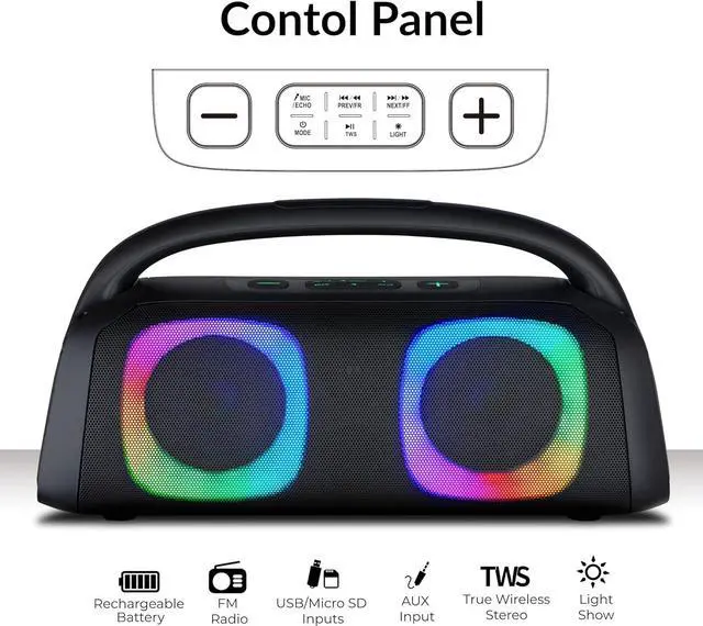 Alt view image 9 of 14 - IQ Sound Portable Bluetooth Speaker W/ RGB Lights, TWS, USB/Micro SD/FM Radio Inputs IQ-3540BT