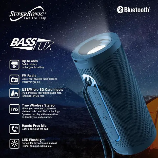 Alt view image 2 of 6 - IQ Sound SC-2340BT Portable Bluetooth Speaker LED Flashlight, TWS, FM Radio for Outdoor, Home Blue