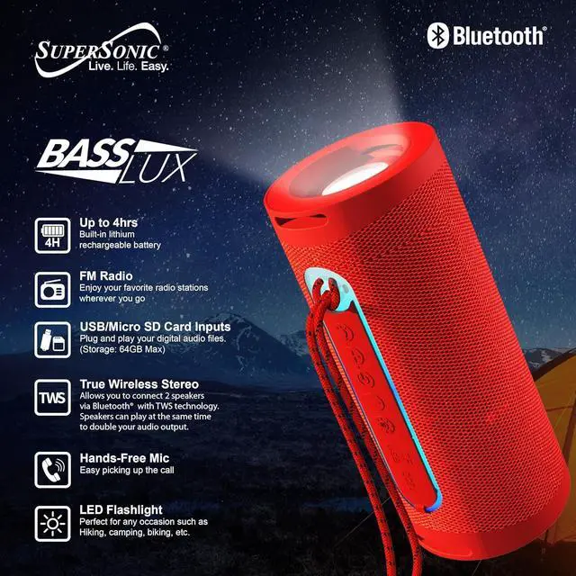 Alt view image 2 of 6 - IQ Sound SC-2340BT Portable Bluetooth Speaker LED Flashlight, TWS, FM Radio for Outdoor, Home Red