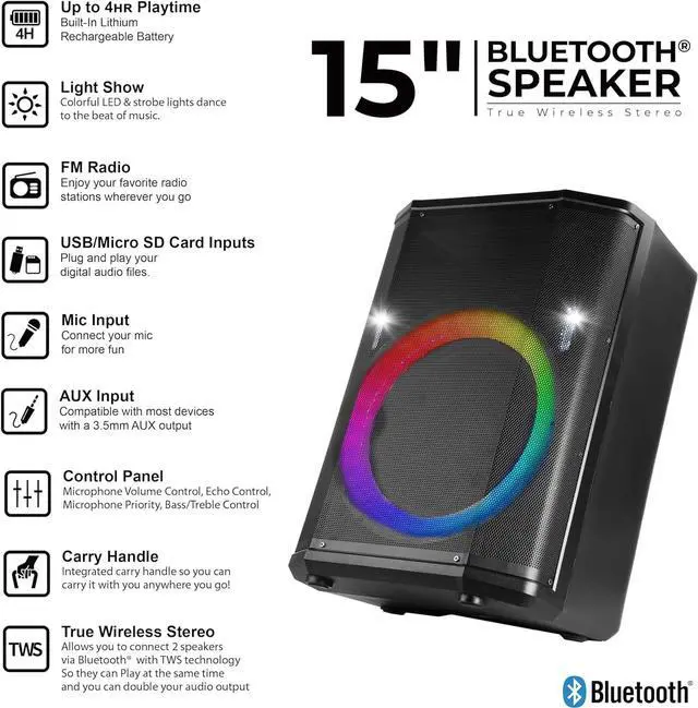 Alt view image 3 of 7 - Supersonic IQ Sound 15 Portable Bluetooth Speaker True Wireless Stereo Light Shows FM IQ-6715DJBT