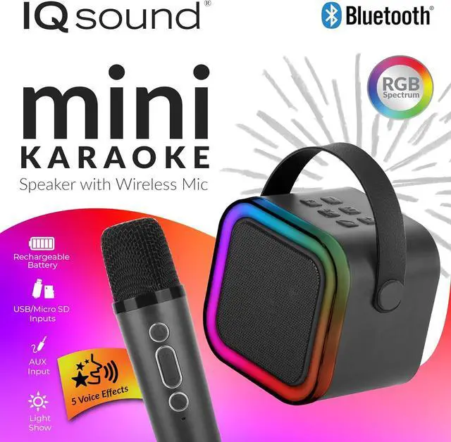 Alt view image 2 of 7 - IQ Sound Mini Karaoke Bluetooth Speaker Wireless Microphone, RGB Lights, Voice Effects IQ-708K Black