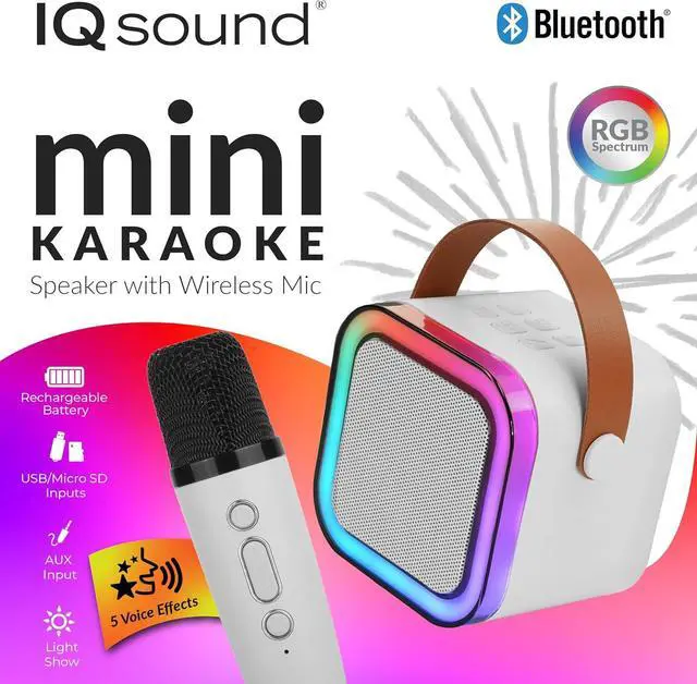 Alt view image 2 of 7 - IQ Sound Mini Karaoke Bluetooth Speaker Wireless Microphone, RGB Lights, Voice Effects IQ-708K White