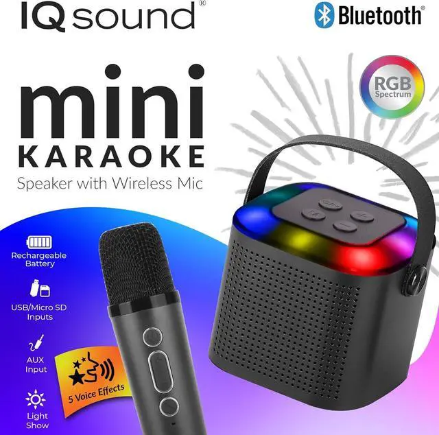 Alt view image 2 of 7 - IQ Sound Mini Karaoke Bluetooth Speaker, Wireless Mic, Voice Effects Colorful Lights, Black IQ-808K