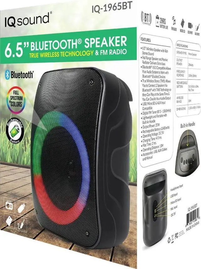 Alt view image 7 of 10 - Supersonic IQ-1965BT 6.5” Portable Bluetooth Speaker True Wireless Technology