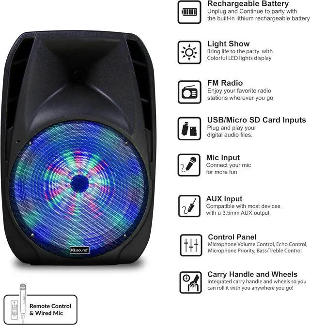 Alt view image 16 of 19 - Supersonic IQ-4415DJBT 15" Portable Bluetooth DJ Speaker with Stand