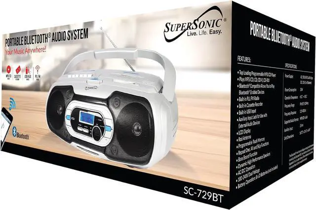Alt view image 12 of 15 - Supersonic SC-729BT  Bluetooth Compatible Portable MP3/CD Cassette FM Radio Boombox