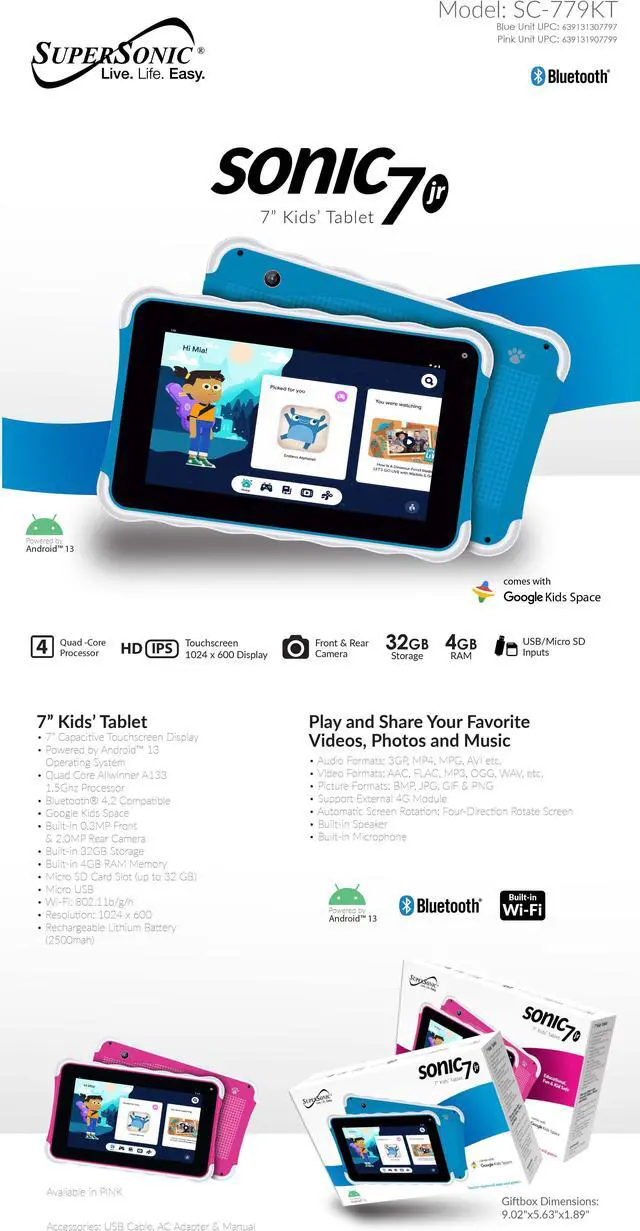 Alt view image 6 of 7 - Supersonic 7-inch Tablet with Android 13, Kids Space, Bluetooth Front/Rear Cameras Pink SC-779KT