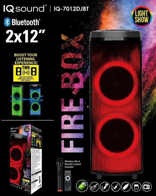 Alt view image 12 of 12 - Super Sonic IQ-7012DJBT Bluetooth 2 x 12” True Wireless Rechargeable Speaker 90 Watts with FIRE Light Show, FM, Mic