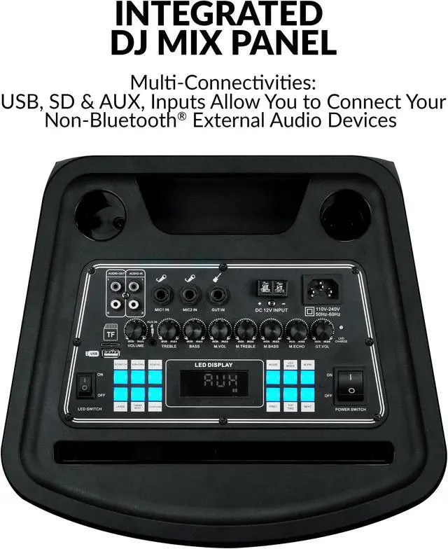 Alt view image 10 of 12 - Super Sonic IQ-7012DJBT Bluetooth 2 x 12” True Wireless Rechargeable Speaker 90 Watts with FIRE Light Show, FM, Mic