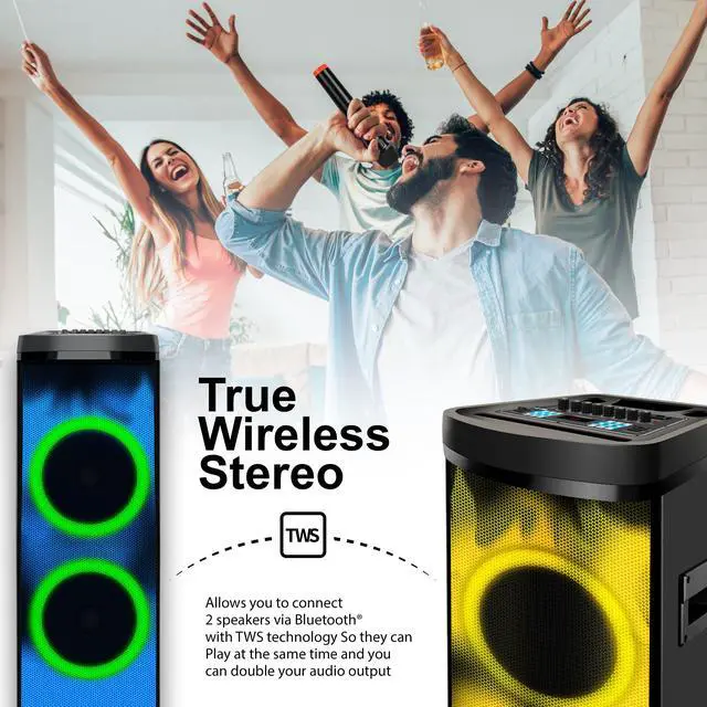 Alt view image 9 of 12 - Super Sonic IQ-7012DJBT Bluetooth 2 x 12” True Wireless Rechargeable Speaker 90 Watts with FIRE Light Show, FM, Mic